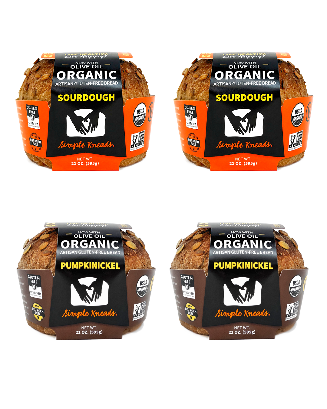 Four packages of Simple Kneads organic sourdough and pumpkin nickel bread on a white background