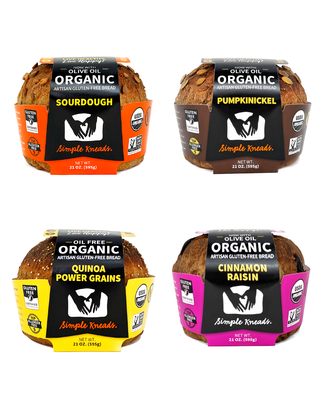 Four packages of Simple Kneads organic breads on a white background