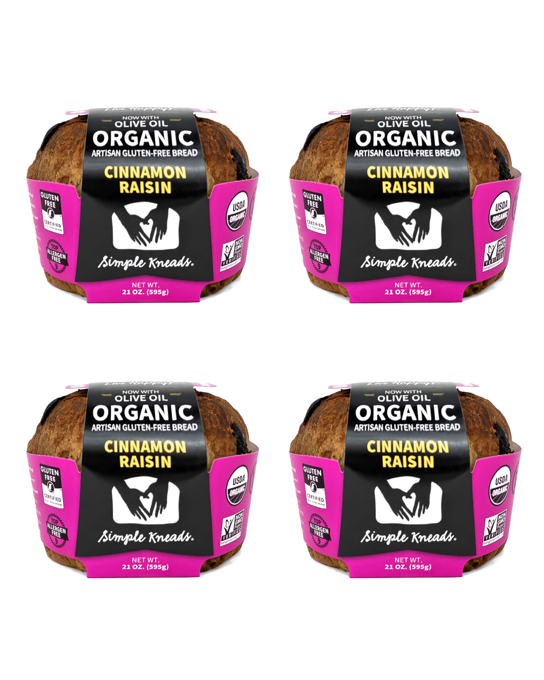 Four packages of Simple Kneads Organic Cinnamon Raisin bread on a white background