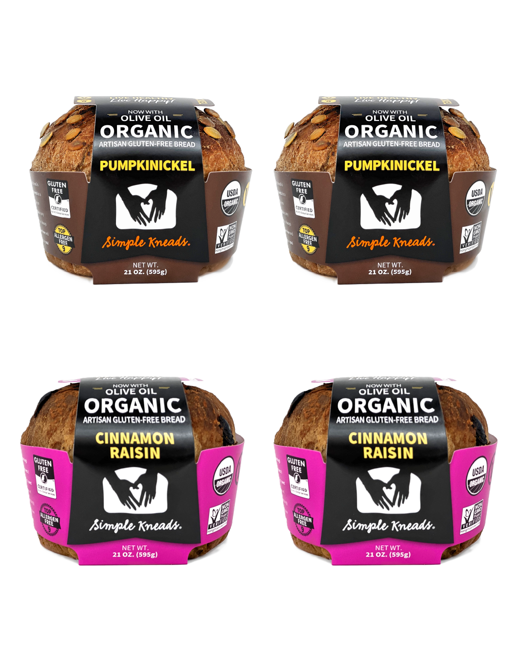 Four packages of Simple Kneads organic bread on a white background