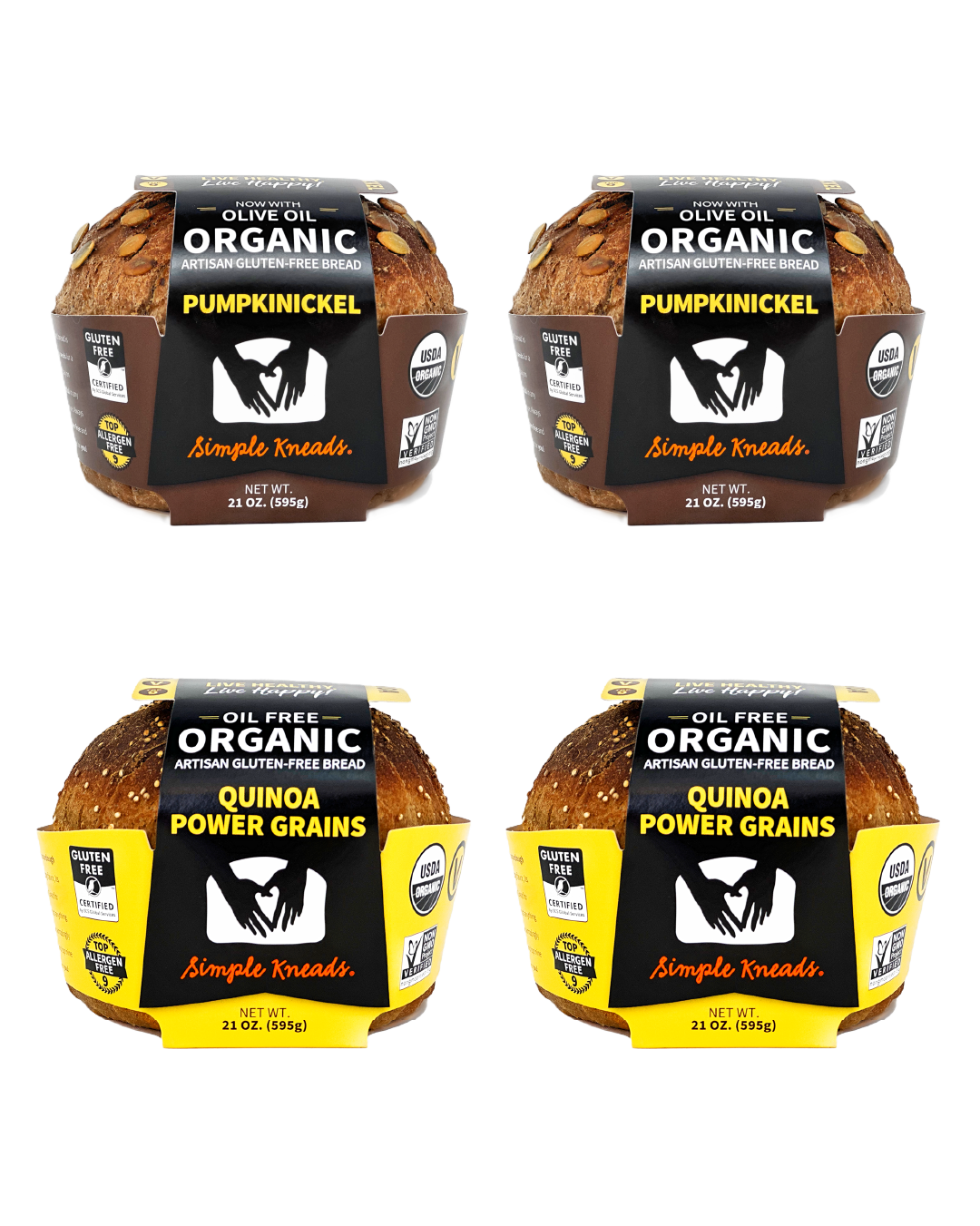 Four packages of Simple Kneads organic bread on a white background