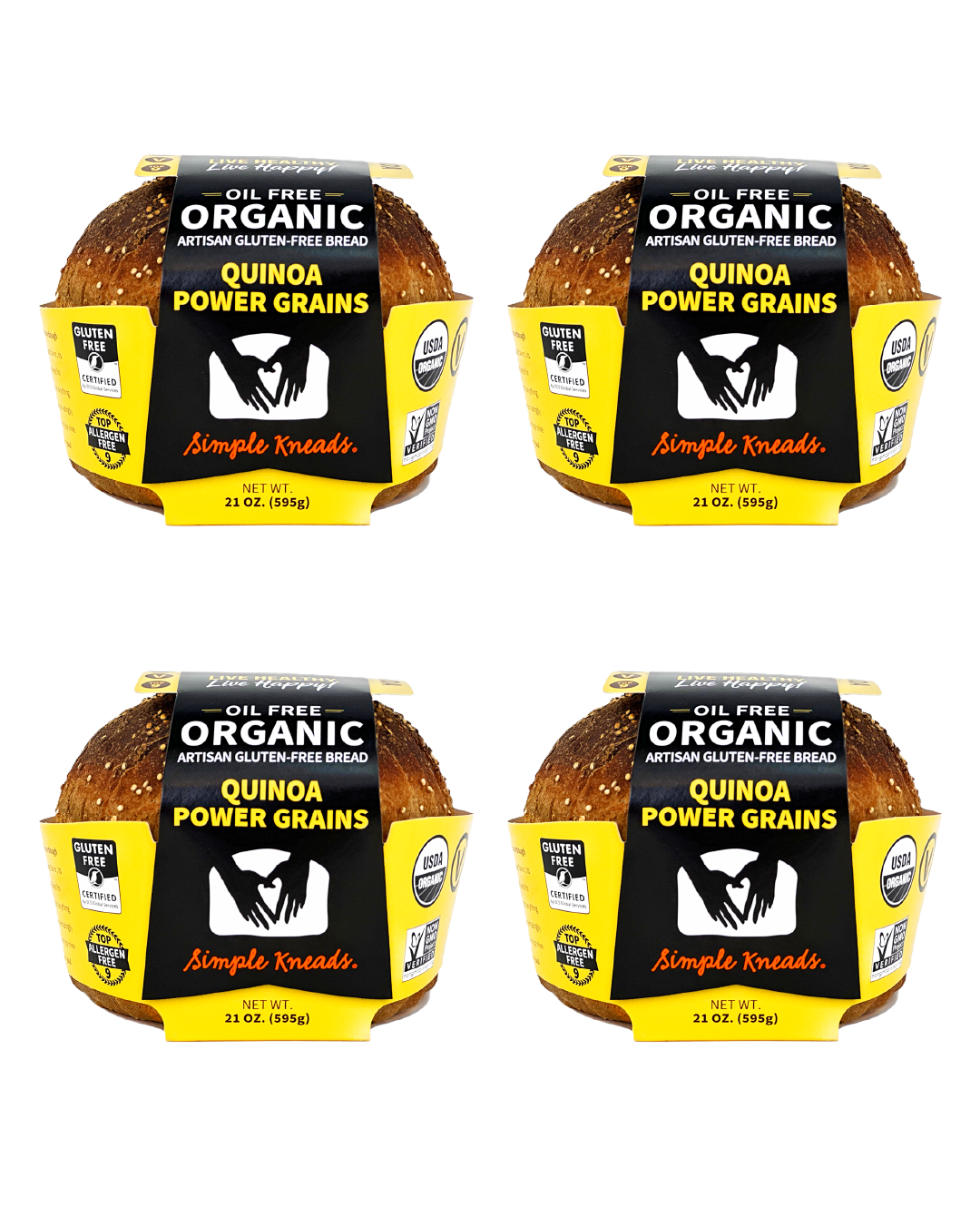 Four packages of Simple Kneads Organic Quinoa Power Grains bread on a white background