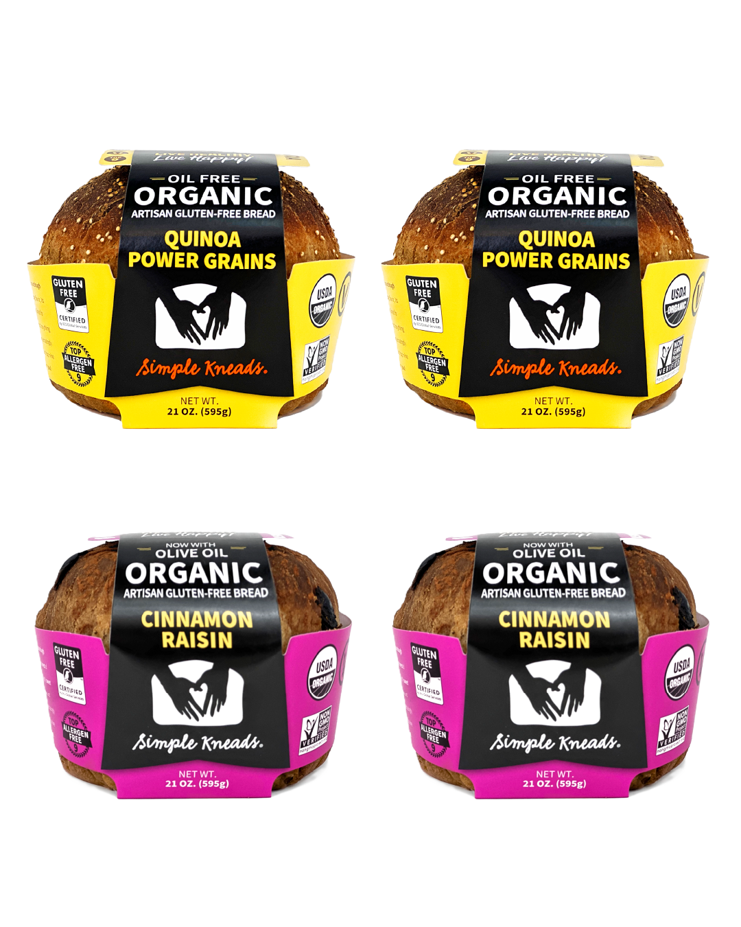 Four packages of Organic Quinoa Power Grains and Cinnamon Raisin bread from Simple Kneads on a white background.