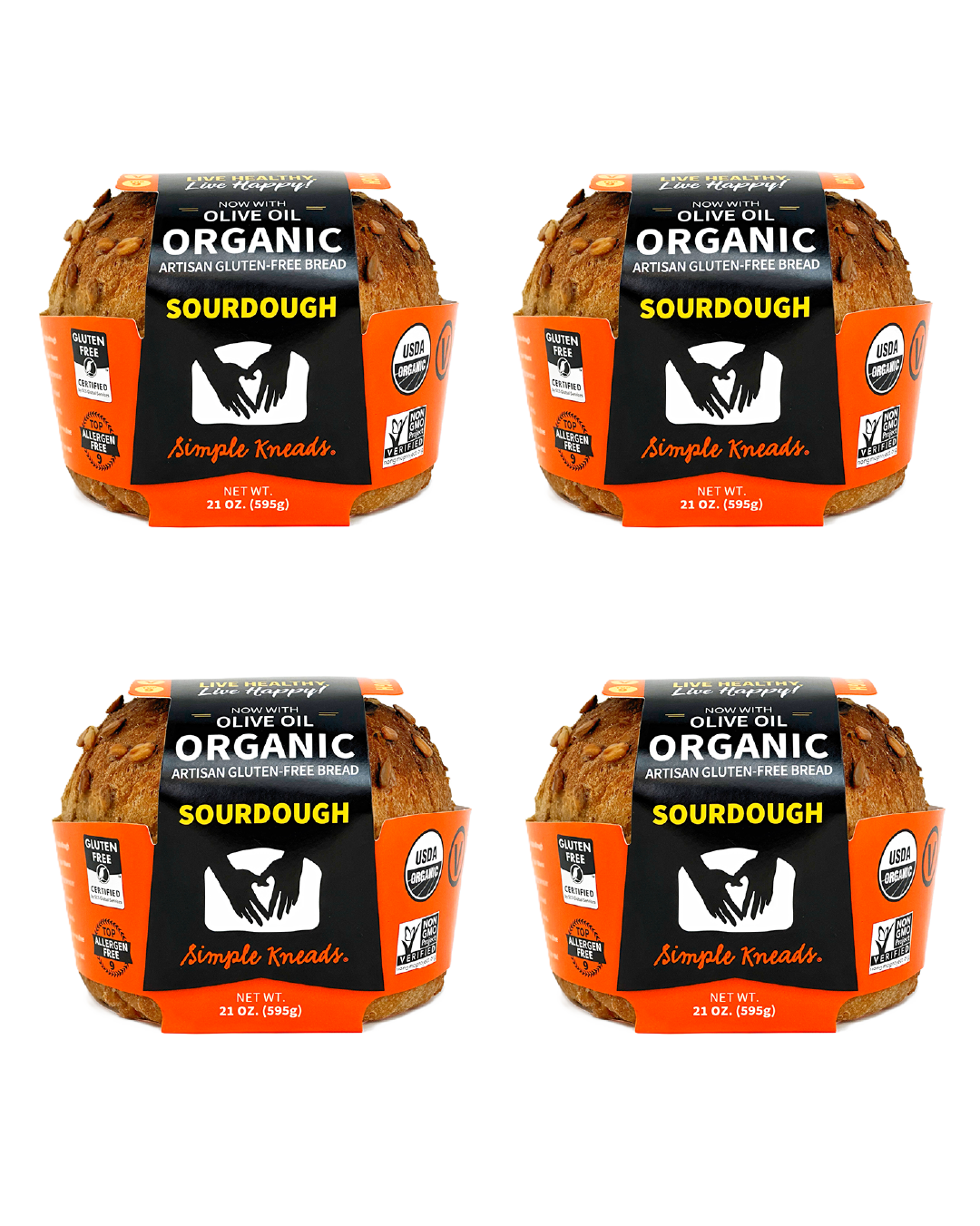 Four packages of Simple Kneads Organic Olive Oil Sourdough bread on a white background