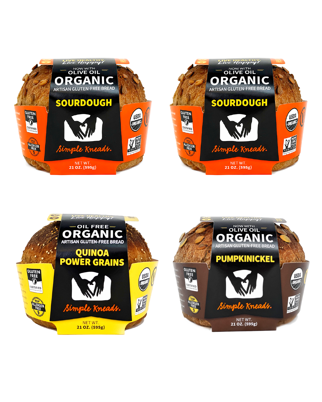Four packages of Simple Kneads organic breads on a white background
