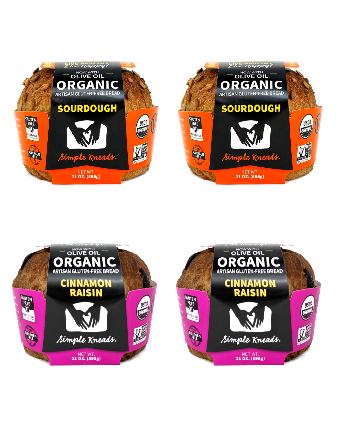 Four organic sourdough and cinnamon raisin bread loaves in packaging on a white background
